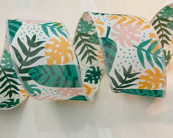 2.5” Jungle Leaves Wired Ribbon: Green, Orange, White, Pink - Sold By The Yard