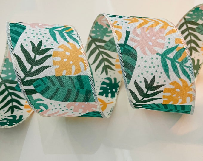 2.5” Jungle Leaves Wired Ribbon: Green, Orange, White, Pink - Sold By The Yard