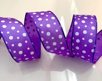 1.5” Purple & White Polka Dot Wired Ribbon