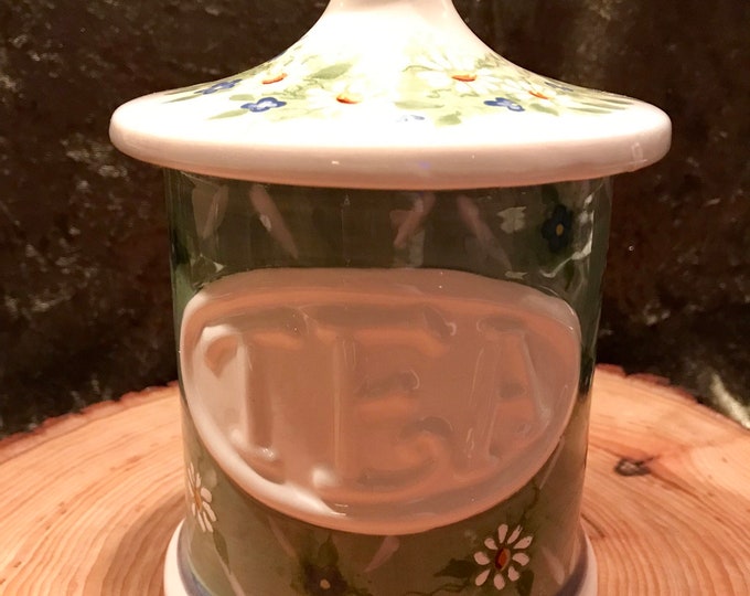 Small Green Tea Jar With Daisies By The Kathy Hatch Collection
