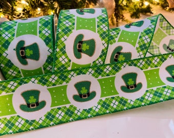 2.5” Green Lucky Hats Wired Ribbon - Perfect for Gift Wrapping, Wreaths, Decor & Much More! - Sold By The Yard