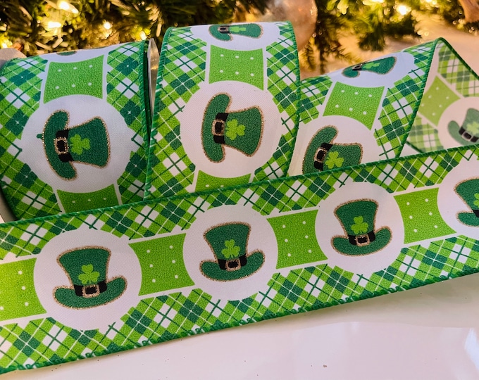 2.5” Green Lucky Hats Wired Ribbon - Perfect for Gift Wrapping, Wreaths, Decor & Much More! - Sold By The Yard