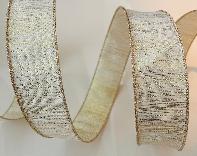 1.5” Cream & Gold Wired Ribbon #907 - Sold By The Yard