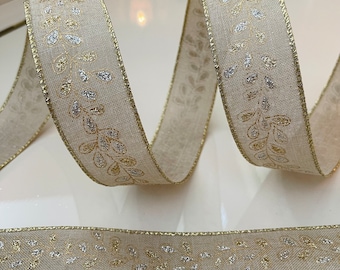 1.5” Beige Wired Ribbon With Gold & Silver Glitter Leaves - Sold By The Yard
