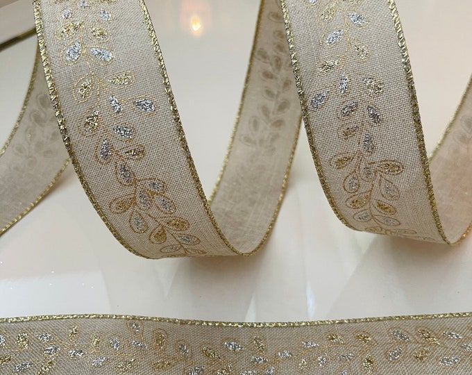 1.5” Beige Wired Ribbon With Gold & Silver Glitter Leaves - Sold By The Yard