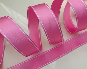 1.5” Pink with White Stitched Edge Wired Ribbon