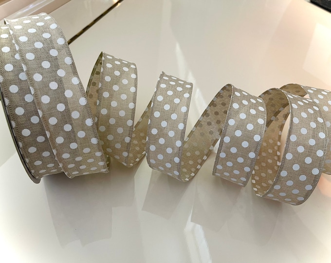1.5” Beige & White Polka Dot Wired Ribbon #344 - Sold By The Yard