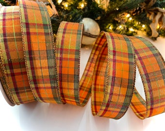1.5” Metallic Plaid Wired Ribbon: Orange & Green #2239 - Sold By The Yard