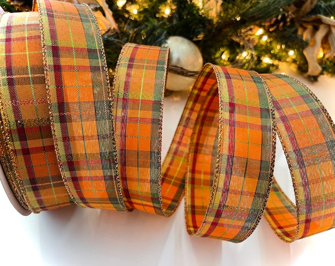 1.5” Metallic Plaid Wired Ribbon: Orange & Green #2239 - Sold By The Yard