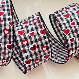 2.5&quot; Plaid Glitter Heart Wired Ribbon: Black & White #47 - Sold By The Yard