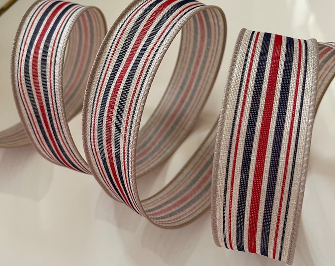 1.5” Red & Blue Stripes on Beige Wired Ribbon - Sold By The Yard