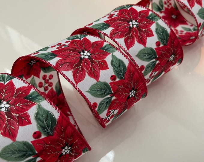 2.5” Sparkly Poinsettias Wired Ribbon: Red, Green, White