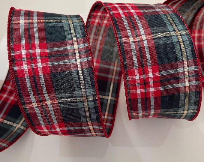 2.5” Tartan Plaid Wired Ribbon: Red, Green, Black, White, Gold #775