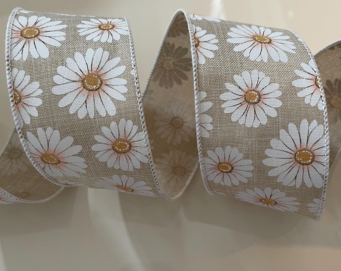 2.5" Beige & White Daisy Wired Ribbon