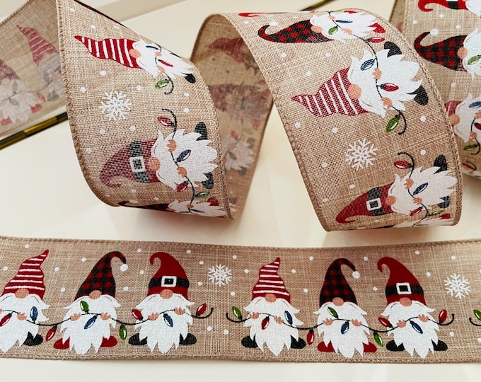 2.5” Christmas Gnomes with Colorful Lights Wired Ribbon #931 - Sold By The Yard