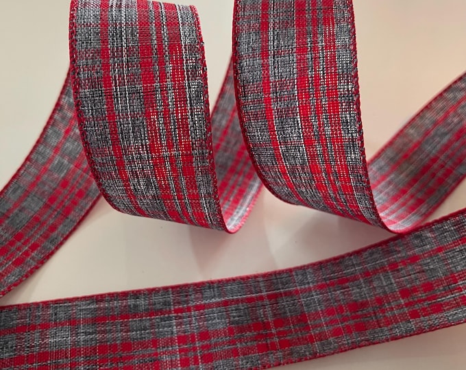 1.5” Red & Gray Plaid Wired Ribbon