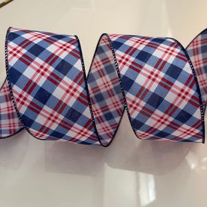 2.5” Red, White, & Blue Crisscross Plaid Wired Ribbon