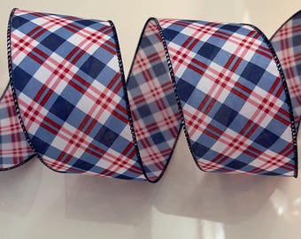 2.5” Red, White, & Blue Crisscross Plaid Wired Ribbon