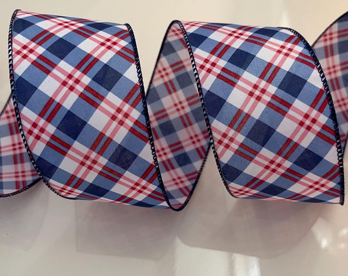 2.5” Red, White, & Blue Crisscross Plaid Wired Ribbon