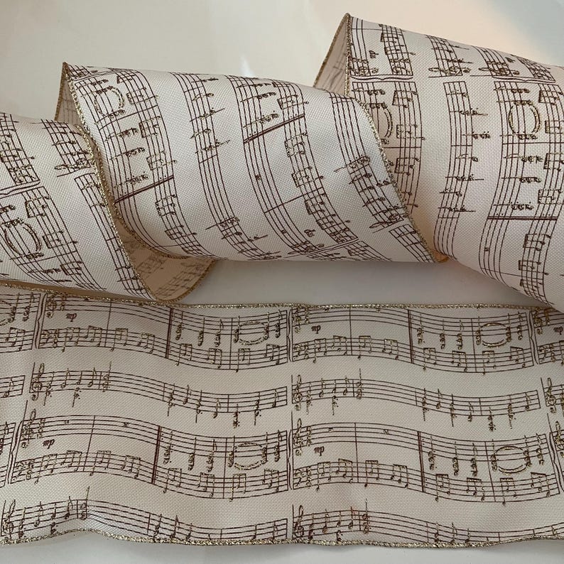 Music Note Ribbon Pattern 5” Music Note Wired Ribbon: Cream, Brown, Gold Glitter - Sold by the ...