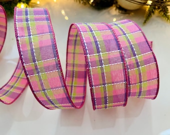 1.5” Plaid Wired Ribbon: Pink, Purple, & Green #158 - Sold By The Yard