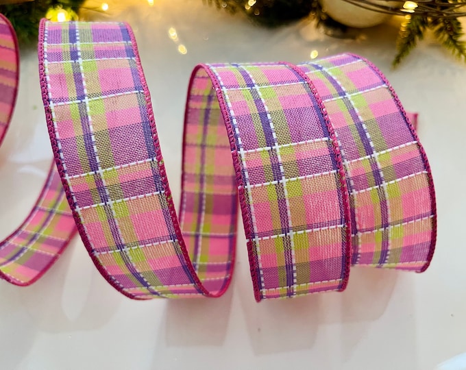 1.5” Plaid Wired Ribbon: Pink, Purple, & Green #158 - Sold By The Yard