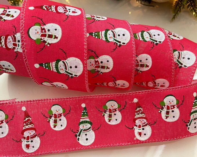 2.5" Snowman Pink Wired Ribbon - Sold By The Yard