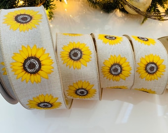 2.5” Sunflower Wired Ribbon Beige & Yellow #812 - Sold By The Yard