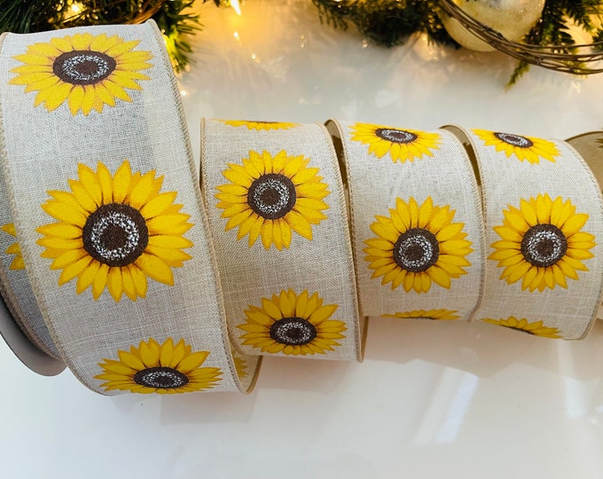 2.5” Sunflower Wired Ribbon Beige & Yellow #812 - Sold By The Yard