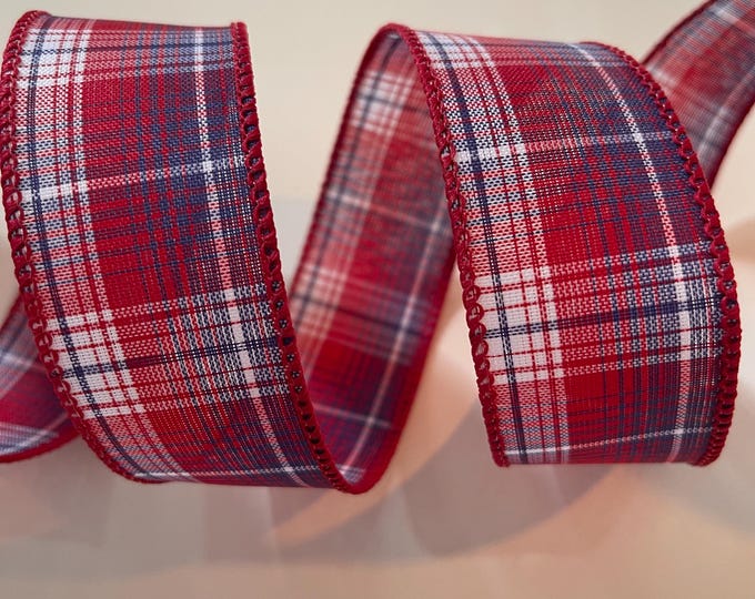1.5” Red, White, & Blue Plaid Wired Ribbon