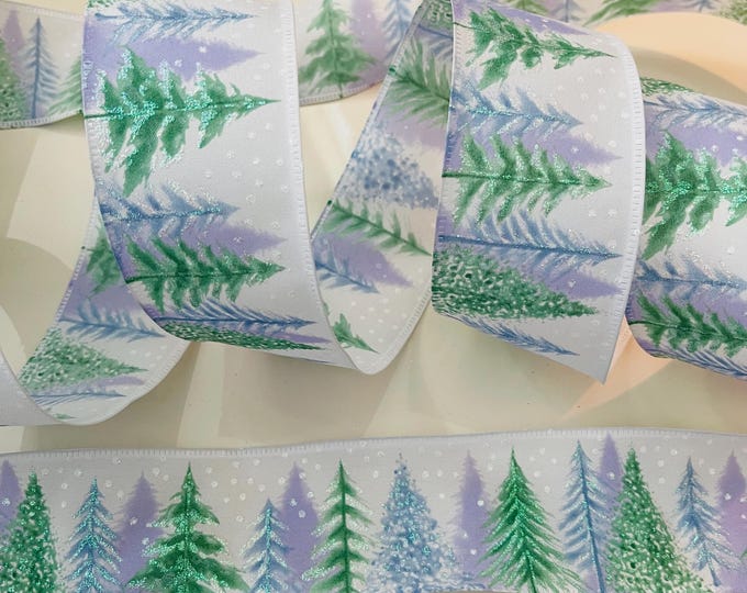 2.5” Winter Wonderland Snowy Glitter Trees Wired Ribbon: Purple, Green, Blue, White #798
