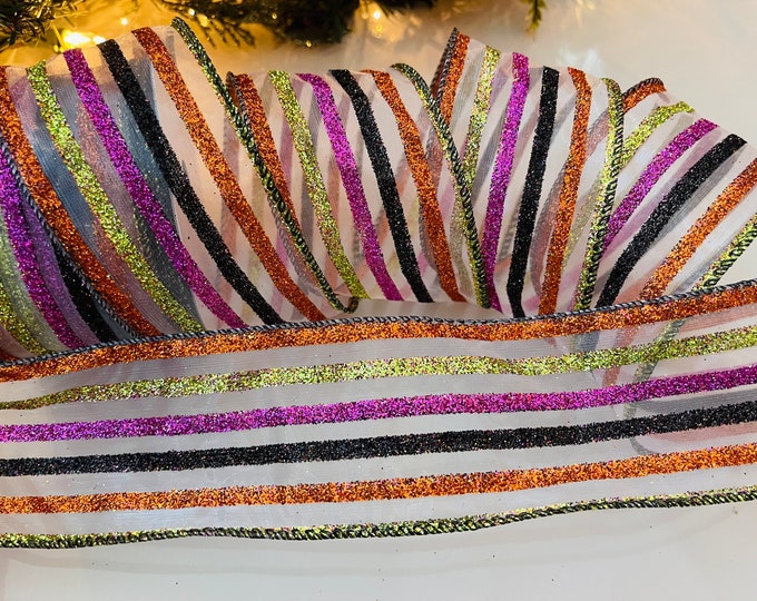 2.5” Sheer Glitter Stripes Wired Ribbon #329 - 10 Yard Roll
