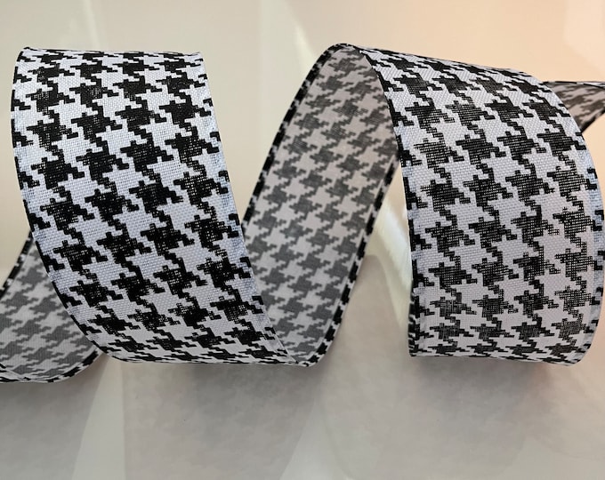 2.5” Black & White Houndstooth Wired Ribbon - Sold By The Yard