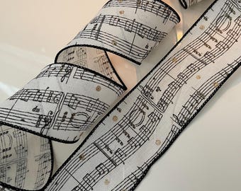 2.5” Black, Cream, & Gold Music Note Wired Ribbon - Sold By The Yard
