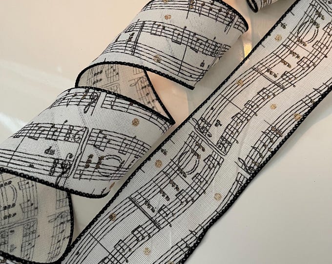 2.5” Black, Cream, & Gold Music Note Wired Ribbon - Sold By The Yard