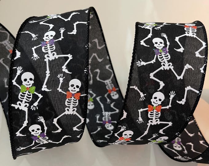 2.5" Skeletons with Glittery Bow Ties Wired Ribbon: Orange, Purple, Green, Black, White