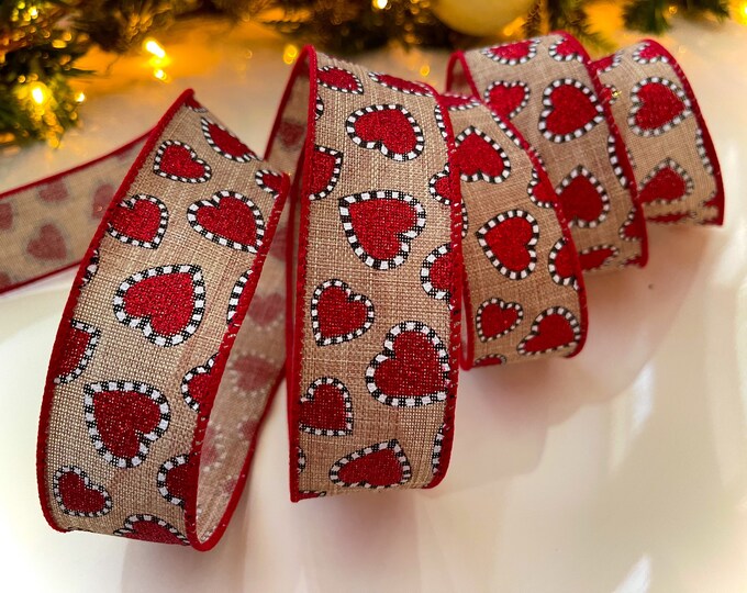 1.5” Burlap Wired Ribbon With Red Sparkle Hearts #306 - Sold By The Yard