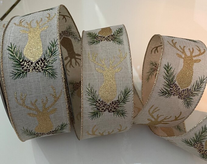2.5” Glitter Moose & Pinecones Ribbon with Wired Edge #488 - Sold By The Yard