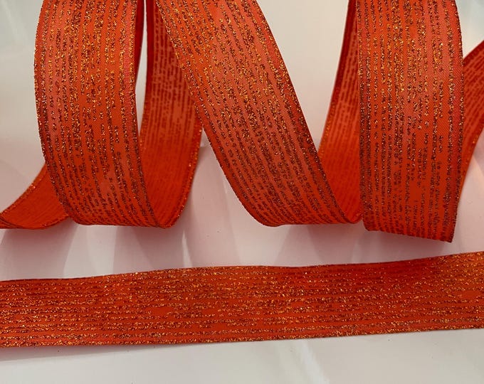 1.5” Orange Glittery Stripe Wired Ribbon - Sold By The Yard