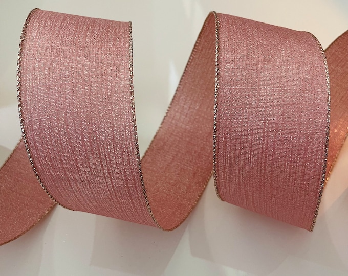 2.5” Rosy Pink Wired Ribbon with Gold Trim - Sold By The Yard