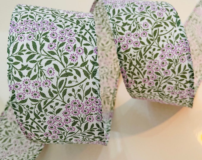 2.5” Lavender & Green Floral Wired Ribbon #781 - Sold By The Yard