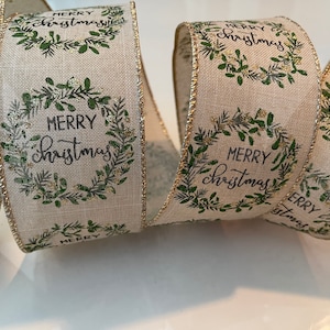 2.5” Merry Christmas Wreaths Wired Ribbon: Beige, Green, and Gold