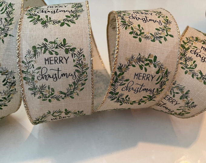 2.5” Merry Christmas Wreaths Wired Ribbon: Beige, Green, and Gold #1147 - Sold By The Yard