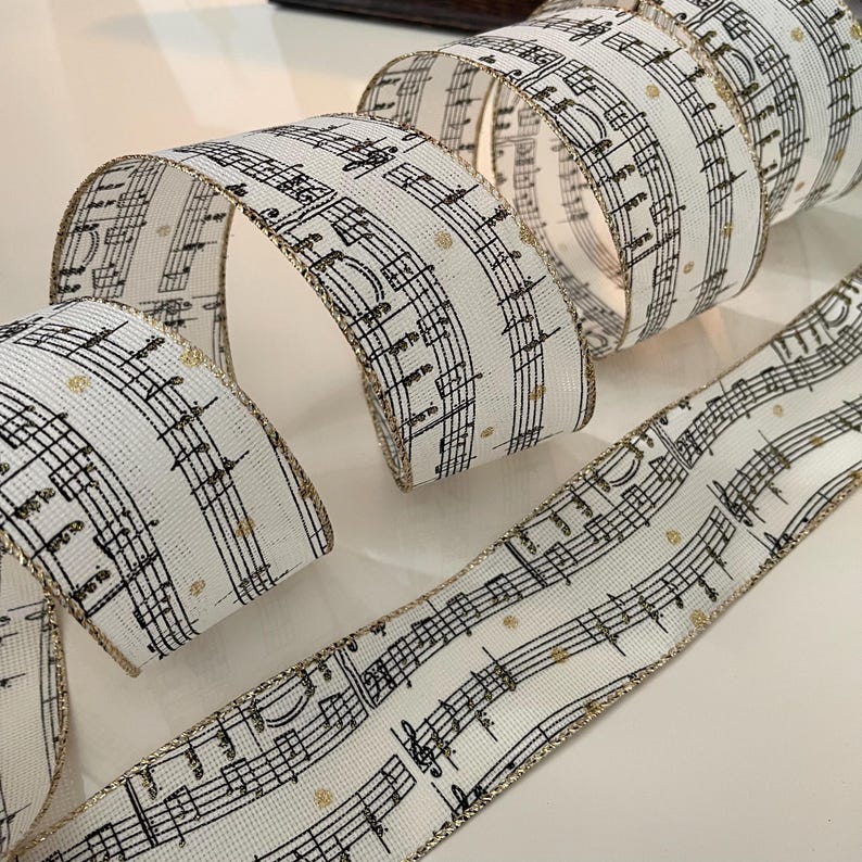 Music Note Ribbon Pattern 2.5” Music Note Wired Ribbon: Black, Cream, Gold #926 - Sold by the ...