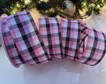 2.5” Plaid Wired Ribbon: Pink, Black, & White #74 - Sold By The Yard