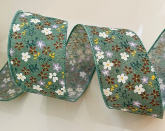 2.5” Green Wired Ribbon With Colorful Flowers #520 - Sold By The Yard