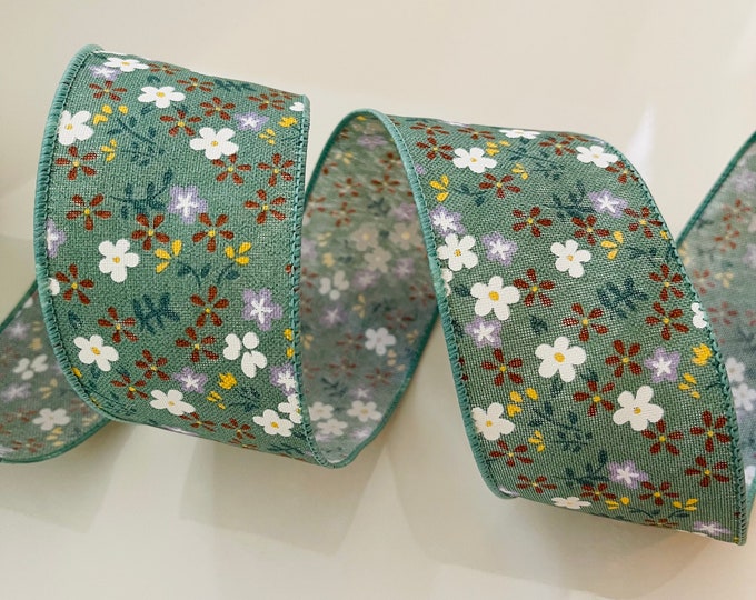 2.5” Green Wired Ribbon With Colorful Flowers #520 - Sold By The Yard