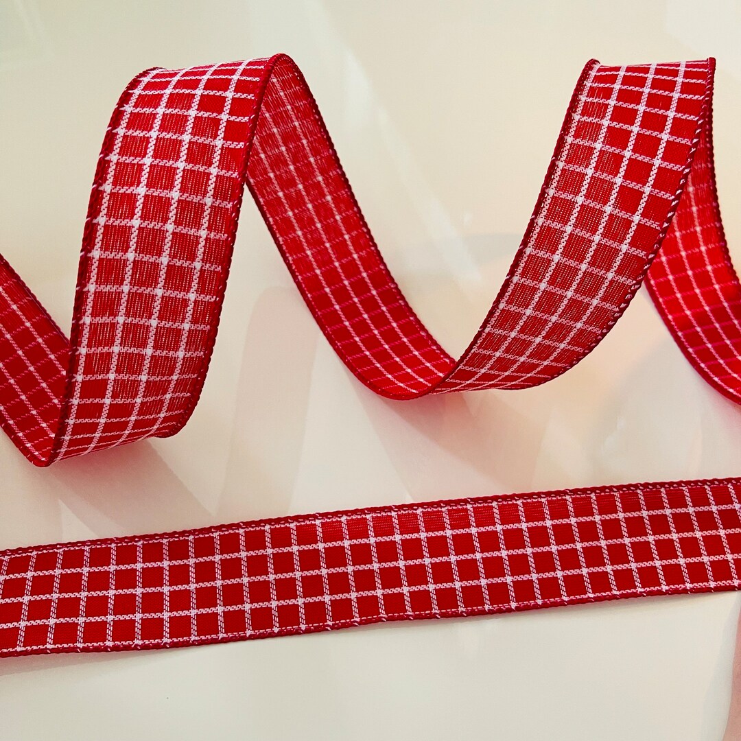 Square Red Ribbon 1.5” Red & White Embroidered Square Pattern Wired Ribbon - Sold by the ...