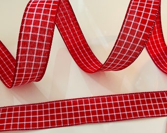 1.5” Red & White Embroidered Square Pattern Wired Ribbon - Sold By The Yard