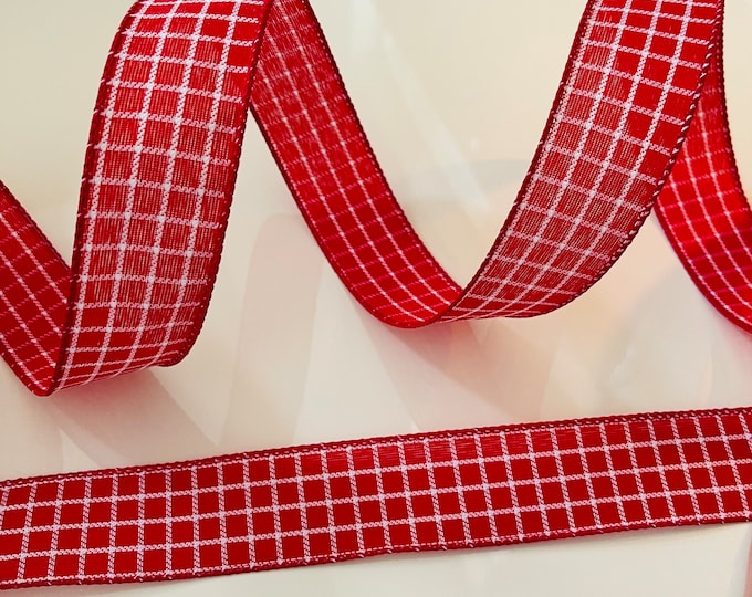 1.5” Red & White Embroidered Square Pattern Wired Ribbon - Sold By The Yard